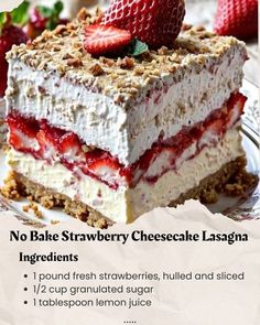 a piece of no bake strawberry cheesecake lasagna