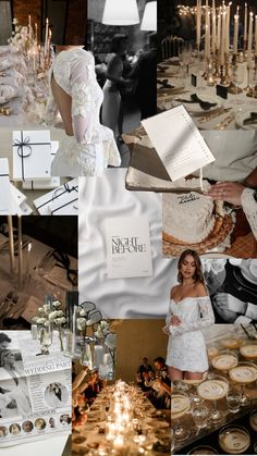 a collage of photos with candles, cake and other items on the table in black and white