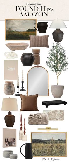 a collage of different items including lamps, pillows and pictures with words on them