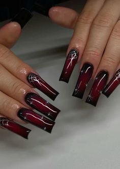 Deep Maroon Nails Burgundy, Black Purple Acrylic Nails, Red Leo Nails, Long Square Goth Nails, Red Themed Nails Acrylic, Maroon Nail Inspo Acrylic, Witchy Red Nails, Red And Maroon Nails, Black Red Chrome Nails