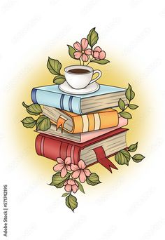 a stack of books with a cup of coffee on top and flowers in the middle