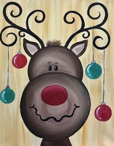 a painting of a reindeer with ornaments hanging from it's antlers and nose