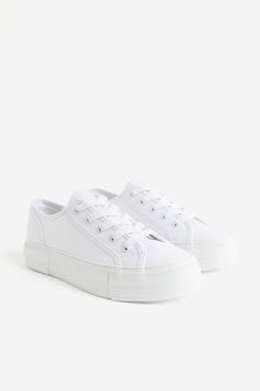 Sneakers in cotton canvas with lacing at front. Canvas lining and thick rubber soles. White Non-slip High-top Canvas Shoes, White Slip-on Canvas Platform Sneakers, White Sporty Non-slip Canvas Shoes, White-sole Canvas Lace-up Platform Sneakers, White-sole Cotton Platform Sneakers With Laces, Canvas Sneakers, Sneakers White, H&m, Cotton Canvas