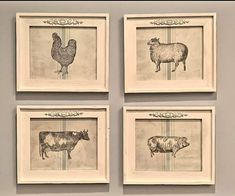 four framed drawings of farm animals on a wall