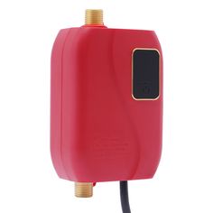 a red object with a black and gold button on it's side, attached to a cord