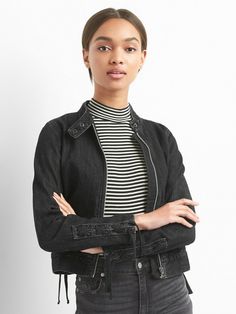 Gap Women's Lace-Up Denim Moto Jacket, Washed Black, 100% Cotton, Size L, NWT Color: washed black Fitted silhouette hugs your curves. Hits at the upper hip. Model is 5'10.5"/179 cm, bust 33"/84 cm, waist 23.5"/60 cm, hips 34"/86 cm, wearing a regular Gap size S. Premium 1969 denim, black wash. Long sleeves with faux lace-up detailing at cuffs. Snap closure at band collar, zip front. Faux lace-up styling at hem. Stitch detailing at back. #192016 100% Cotton. Machine wash. Imported. Approx measure Petite Womens Clothing, Red Denim Jacket, Boyfriend Denim Jacket, Hooded Jean Jackets, Gap Denim Jacket, Demin Jacket, Vintage Jean Jacket, Hem Stitch, Jean Jacket Women