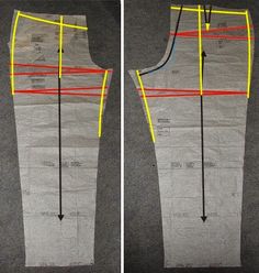 two images showing how to measure the length of a pair of pants with an arrow on each side