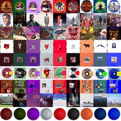 a collage of different colored records and artwork