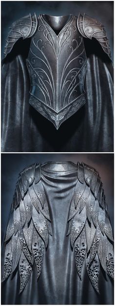 three different views of an armor with wings on the chest and shoulder, all in black leather