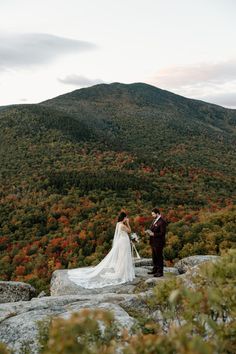 a bride and groom standing on top of a mountain