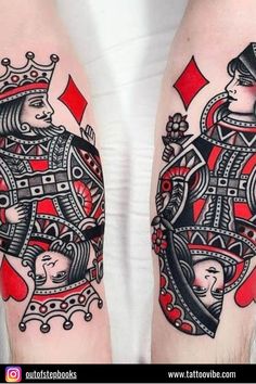 two people with tattoos on their legs, one is wearing a crown and the other has playing cards