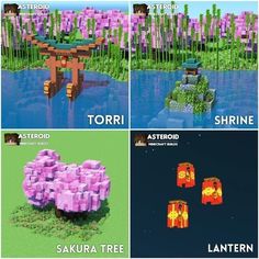 four different types of minecraft structures in the same color and size asteroid, torri, saturna tree, and lantern