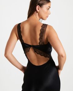 STUDIO Everleigh Lace Slip Midi Dress in Black | General Pants Backless Slip Dress With Lace Trim For Date Night, Sleeveless Silk Dress With Lace Back, Backless Slip Dress With Lace Trim For Evening, Chic Lace Trim Backless Slip Dress, Chic Backless Slip Dress With Lace Trim, Backless Slip Dress With Lace Trim For Night Out, Satin Lace Back Dress For Night Out, Black Lace Dress With Bias Cut, Black Lace Bias Cut Dress