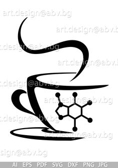 a coffee cup with the word caf on it and an image of some chemical symbols