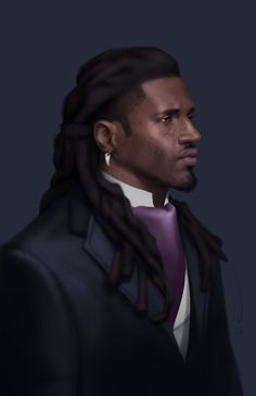 a man with dreadlocks wearing a suit and purple tie, looking off to the side