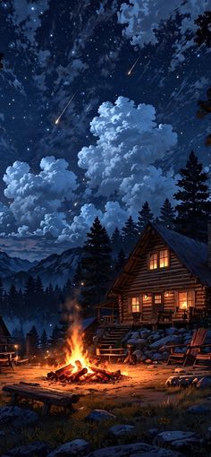 the night sky is full of stars and clouds above a log cabin with a campfire