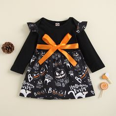 Baby Girls Halloween Pumpkin Print Long Sleeve Dress - PrettyKid Ruffle Long Sleeve Dress, Childrens Clothing Boutique, Halloween Long Sleeve, Girls Halloween, Kids Boutique Clothing, Halloween Baby, Pattern Animal, Pumpkin Print