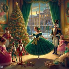 a painting of a christmas scene with people dressed as nutcrackers and princesses