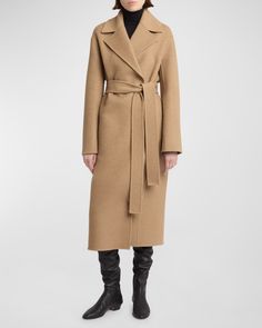 THE ROW "Malika" wrap coat in brushed camel wool    Notch lapels; open front    Long sleeves    Straight fit    Selftie belted waist    Hem falls below the knee    Centerback vented hem    Wool    Lining: Silk    Made in Italy Wool Wrap Coat, Mary Kate Olsen, Wool Wrap, Wrap Coat, Mary Kate, Leather Leggings, Front Open, The Knee, The Row