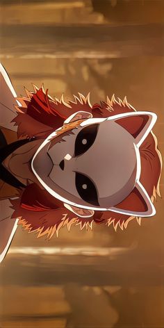 an animated panda bear with red hair and black eyes sitting in front of a brown background