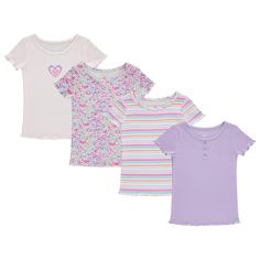 BTween 4-Pack Rib Knit Girls Tops - Short Sleeve Lettuce Trim Ribbed Girl Shirts - Stripe/Floral/Solid Size: 10-12.  Color: Multicolor.  Gender: female.  Age Group: kids. Preppy Shirt, Girl Shirts, Girls Summer Tops, Ribbed Shirt, Kids Outfits Girls, Floral Stripe, Girls Clothes