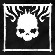 a black and white image of a skull with flames on it's head in a square frame