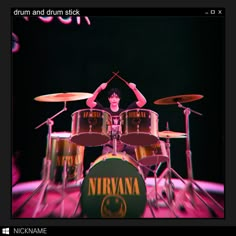 a man playing drums in front of a drum set with the words nirvana on it