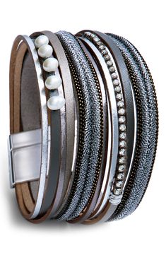 Add a dazzling touch to your everyday outfit with this multirow leather bracelet featuring lustrous imitation pearls and glistening crystals. 7 3/4" inner circumference Leather/glass/plastic Imported Elegant Faux Leather Jewelry For Party, Pearl Leather, Everyday Outfits, Leather Bracelet, Nordstrom, Crystals, Leather