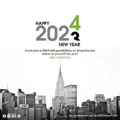 a black and white photo with the words happy new year in front of a cityscape