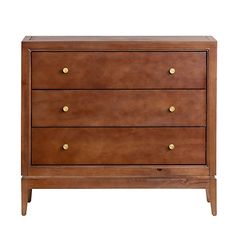 a wooden dresser with brass knobs on the top and bottom drawers, against a white background