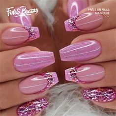 Fofosbeauty 24pcs Press on False Nails Tips, Coffin Fake Nails, Pink-Purple Glitter Sequins - Walmart.com Jelly Stickers, Fake Nails Long, Ballet Nails, Fancy Nails Designs, Manicure Tips, Colorful Nails, Stick On Nails, False Nail, Fancy Nails