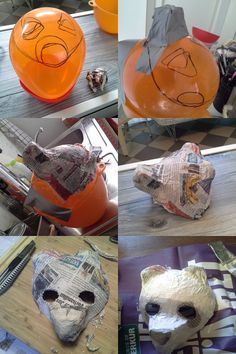 there are several pictures of different items made out of newspaper and plastic balls with faces on them