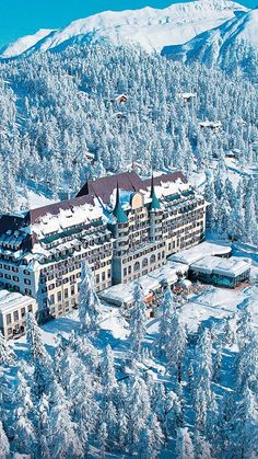 an aerial view of a hotel surrounded by snow covered trees