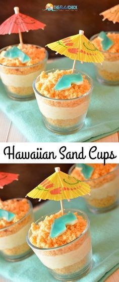 there are two pictures of food in small bowls with an umbrella on top and the words hawaiian sand cups below it