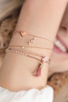 #GoldJewellerySimple Anting Manik, Jewerly Bracelets, Tassel Bracelet, Rose Gold Jewelry, Pink Bracelet, Delicate Bracelet