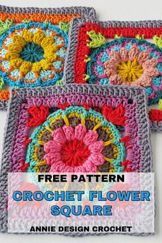 crochet flower square is shown with the text free pattern on it and an image of