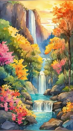 a painting of a waterfall surrounded by colorful trees and flowers in the foreground, with water flowing from it