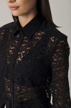 Our signature Cole shirt is made from an Italian sourced cotton-blend lace in Black and is detailed with lux viscose/cotton grosgrain ribbon at collar, placket and cuffs. Featuring a cropped, relaxed silhouette and scallop hem detail, wear yours over a bralette or fitted camisole, and pair with everything from tailoring to denim. Size and Fit: - Fits true to size, take your normal size - Slightly loose through the body, to be worn untucked - Bianca, our model is 5.8” or 1.77 m tall and wears siz Lace Insert Tshirt, Lace Shirt Dress, Black Lace Shirt, Scallop Hem, Lace Body, Cocktail Evening Dresses, Dress Silhouette, Black Shirt Dress, Lace Shirt