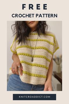 a woman wearing a crochet top with text overlay that reads free crochet pattern