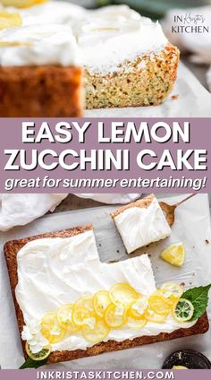 easy lemon zucchini cake with white frosting and sliced lemons on top