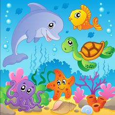 an underwater scene with sea animals and fish