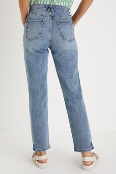 The Olsen Distressed Light Wash High Rise Straight Leg Jeans are giving us those perfect, vintage-style vibes we're always looking for! Slightly stretchy denim shapes these trendy jeans that have a high waist, belt loops, and hidden zip fly with top button closure. Straight legs feature fading, whiskering, and subtle distressing throughout. Fit: This garment fits true to size. Length: Ankle length. Size 7 Inseam: 28.00 Front Rise: 11.00 Waist: Fitted - very fitted at natural waist. Hip: Fitted - Vintage Wide Leg Bottoms With Frayed Hem, Vintage Wide-leg Bottoms With Frayed Hem, Spring Bottoms With Frayed Straight Hem, Spring Bottoms With Frayed And Straight Hem, Vintage Cropped Leg Pants For Spring, Spring Tapered Leg Pants With Frayed Hem, Spring Pants With Frayed Hem And Tapered Leg, Vintage Cropped Leg Bottoms For Fall, Vintage Mid-rise Bottoms With Frayed Hem