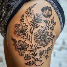 Brilliant Back Of Thigh Tattoo Tattoo Flash Shoulder Floral Tattoo, Woodland Tattoo Sleeve, Theigh Tattoos, Woodland Tattoo, Back Of Thigh Tattoo, Maching Tattoos, Boho Tattoos, Tattoos With Kids Names, Western Tattoos