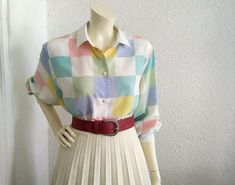 80s pop-art blouse pastel multicolor blouse button up shirt pale color blouse spring blouse elegant statement blouse colorful top 16 US size, silky polyester fabric SOMMERMANN - brand  measurements lying flat : shoulders :43 cm (17 inches)  bust :62 cm (24,5 inches)  total length :68 cm (26,5 inches)  sleeve length :62 cm (24,5 inches) Multicolor Summer Tops For Office, Spring Multicolor Office Shirt, Spring Office Multicolor Shirt, Multicolor Office Shirt For Spring, Retro Multicolor Blouse For Work, Vintage Spring Office Shirt, Vintage Office Shirt For Spring, Multicolor Blouse, Spring Blouse