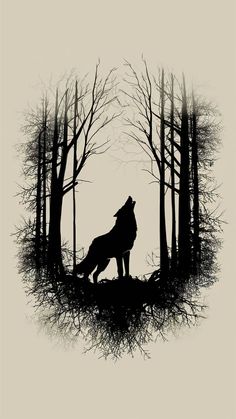 a wolf standing in the middle of a forest silhouetted against a gray background with trees