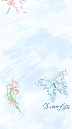 a blue background with flowers and butterflies