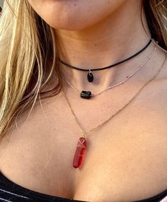 ❤️Raw medium to large size red quartz crystal size approximate 15mm x 40mm. Perfect witchy bohemian statement necklace for layering or alone. Crystal Quartz enhances psychic abilities. It aids concentration and unlocks memory. Stimulates the immune system and brings the body into balance align your 7 chakras. Add a subtle beauty to your outfit and brings out your skin tone with a sense of femininity with its simplistic elegance. I am a local artist in Santa Monica Beach CA. All jewelries are han Bohemian Red Gemstone Crystal Necklace, Bohemian Gemstone Crystal Necklaces For Layering, Bohemian Gemstone Crystal Necklace For Layering, Red Crystal Necklace, Raw Stone Necklace, Healing Stones Jewelry, Subtle Beauty, Red Quartz, Crystal Choker Necklace