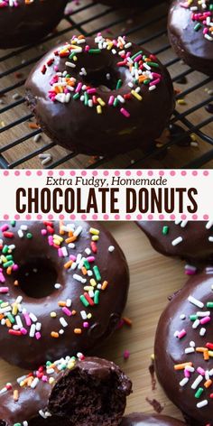 chocolate donuts with sprinkles on a cooling rack and text overlay