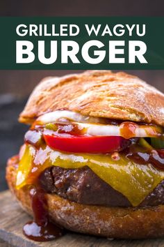 grilled wagyu burger with peppers and onions