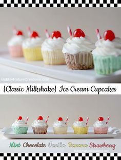 cupcakes with white frosting and cherries on top are lined up in rows